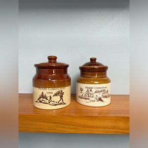 Set Of 2 Mini Crocks Vintage Merry Christmas 1988 & 1989 Brown & Beige Pre Loved
